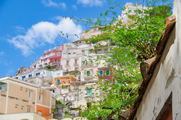 Breathtaking and beautiful view of Positano town at famous Amalfi Coast in Italy with picturesque...