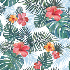 Seamless tropical watercolor pattern on a white background. Hibiscus flowers, palm leaves, monstera leaves.