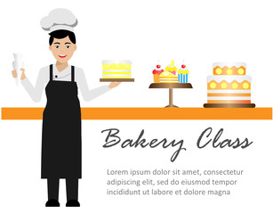 Young professional chef man in uniform with smiling face decorating cake in kitchen. Isolated on white background. Vector Illustration.Idea for bakery class, culinary school business.