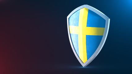Fototapeta premium Protection shield and safeguard concept. Shiny steel armor painted as Swedish national flag. Safety badge icon. Privacy banner. Security label and defense sign. Force and strong symbol. 3D rendering