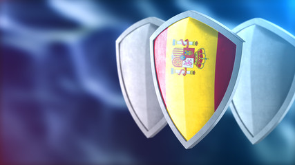 Protection shield and safeguard concept. Shiny steel armor painted as Spanish national flag. Safety badge icon. Privacy banner. Security label and Defense sign. Force and strong symbol. 3D rendering