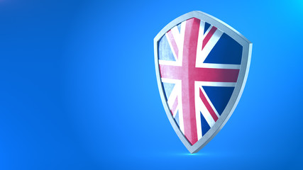 Protection shield and safeguard concept. Shiny steel armor painted as United Kingdom national flag. Safety badge icon. Privacy banner. Security label and  Defense sign. Force and strong symbol.