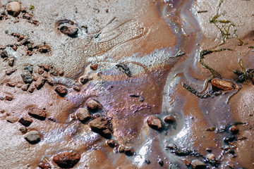 Ocean shore, sand and rocks on the sea coast. Ocean pollution with fuel, oil.