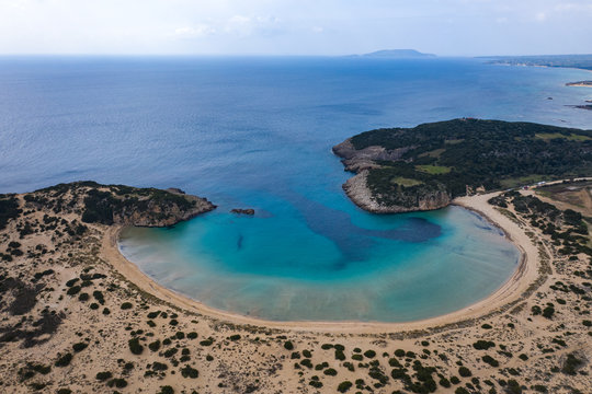 Panoramic aerial view of voidokilia beach, one of the best beaches in mediterranean Europe, beautiful lagoon of Voidokilia from a high point of view, Messinia, Greece