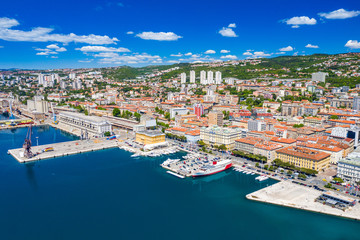 Croatia, city of Rijeka, aerial panoramic view of harbor, seascape and skyline of the city center