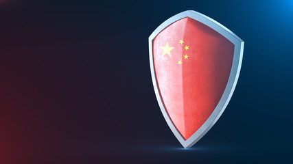 Protection shield and safeguard concept. Shiny steel armor painted as Chinese national flag. Safety badge icon. Privacy banner. Security label and defense sign. Force and strong symbol. 3D rendering