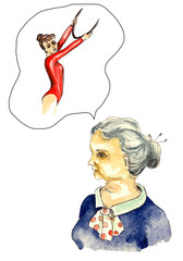 Sweet memories watercolor illustration. Nostalgia feeling of an old woman. Sweet  moments from a grandmother's life when she was a gymnast. Hand painted watercolor art isolated on white background.