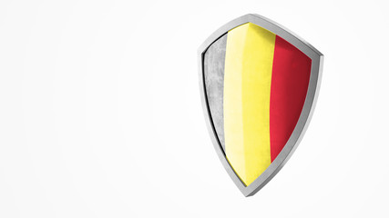Fototapeta premium Protection shield and safeguard concept. Shiny steel armor painted as Belgian national flag. Safety badge icon. Privacy banner. Security label and defense sign. Force and strong symbol. 3D rendering