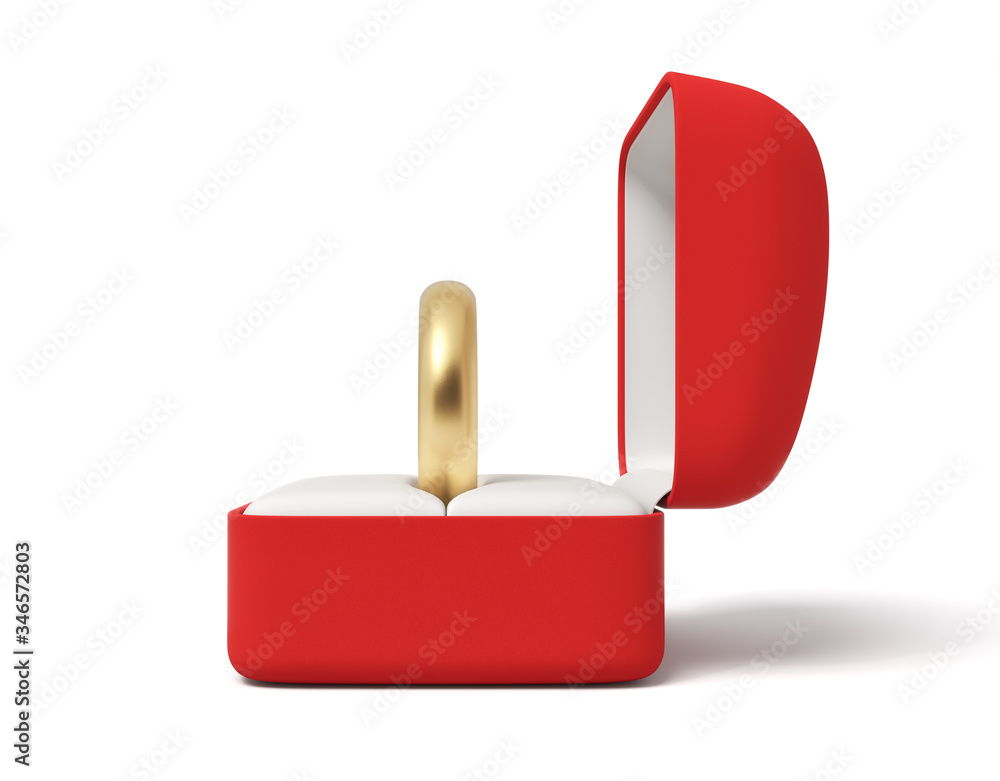 Poster 3d close-up rendering of gold ring in open red box on white background.