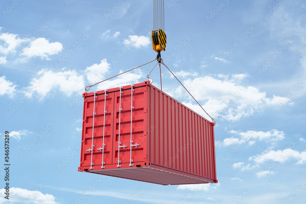 Poster 3d rendering of closed red shipping container suspended from crane against blue sky with white cloud