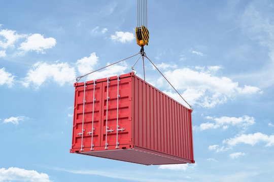3d rendering of closed red shipping container suspended from crane against blue sky with white clouds.