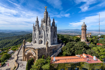 Temple of the Sacred Heart of Jesus - A panoramic aerial view of Temple of the Sacred Heart of Jesus at the summit of Mount Tibidabo on a sunny Autumn afternoon. Barcelona, Catalonia, Spain.