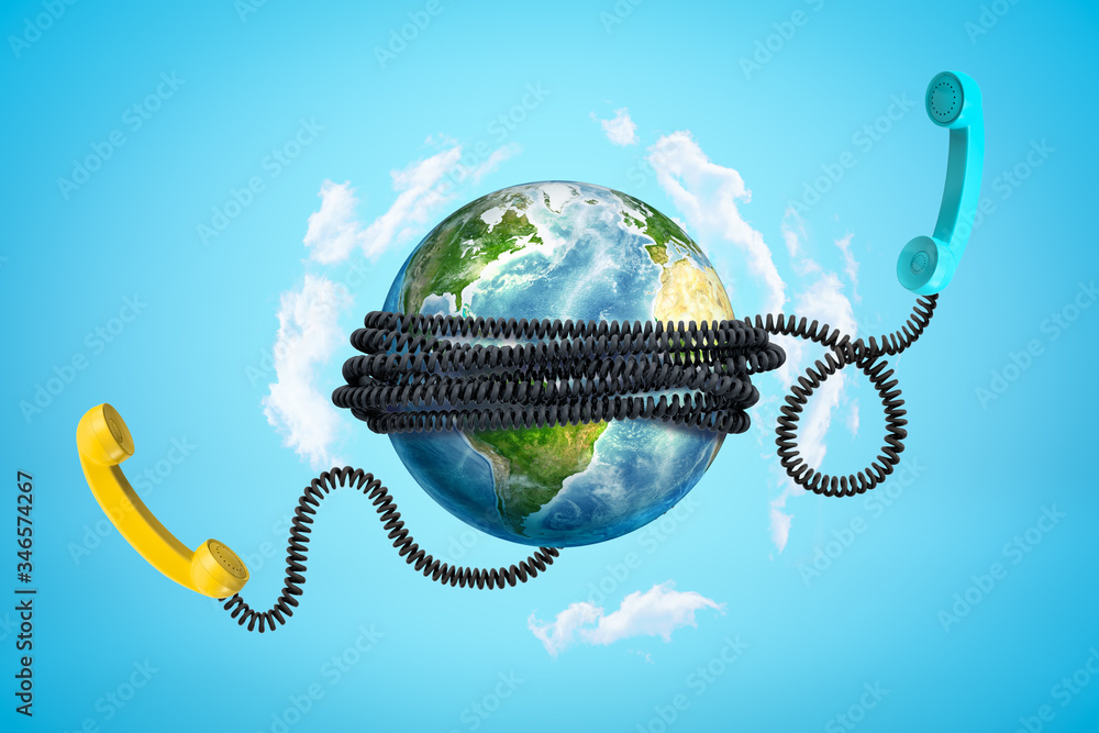 Poster 3d rendering of earth with phone wires bound around it and two phone receivers floating beside in br