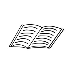 Hand drawn vector illustration of an open book in doodle style. Educational literature, art edition from the library. Isolated on white background. Business brochure. Home education element.