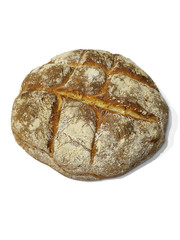 Hand-made baked rounded country crusty bread, isolated on white background with shadows