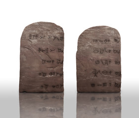 Tablets laws of the 10 ten commandments of God of Israel Jehovah carved on stone in pictographic...