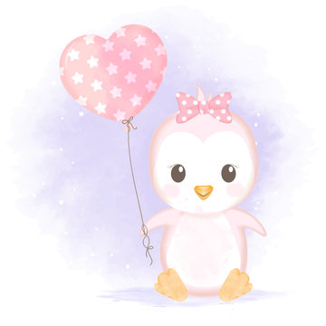 Cute baby penguin with balloon hand drawn cartoon  watercolor illustration