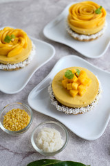 Mango Mousse tart with sticky rice and fresh mango.