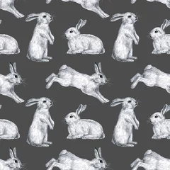  Grappige konijntjes op een grijze achtergrond. Dierlijk naadloos patroonontwerp voor behang voor kinderen, textiel, stof, verpakking. © Ilona