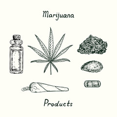 Bottle with essential oil, sativa cannabis leaf isolated, joint, dope, powdered weed (cannabis powder), THC pill, marijuana products, outline simple doodle drawing, gravure style - 346577006