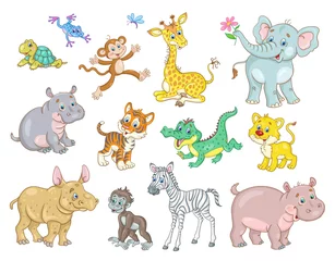 Stickers meubles Zoo Set of african cute animal babies - giraffe, zebra, crocodile, lion, elephant, hippo, monkey, tiger  rhinoceros, gorilla, turtle and frog. In cartoon style. Isolated on white. Vector illustration