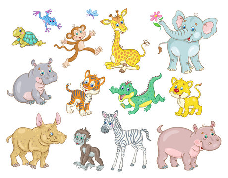 Set of african cute animal babies - giraffe, zebra, crocodile, lion, elephant, hippo, monkey, tiger; rhinoceros, gorilla, turtle and frog. In cartoon style. Isolated on white. Vector illustration