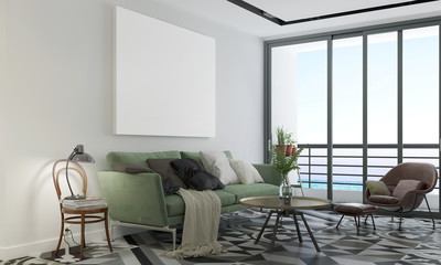 Modern scandinavian living room interior design and white wall background