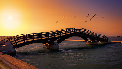 wooden bridge at sunset, in the center of Lefkas city 