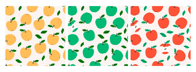 Fototapeta na wymiar Green, Red, Yellow Apples. Set of three Seamless patterns. Abstract repeated backgrounds. For paper, cover, fabric, gift wrap, wall art, interior decoration. Hand drawn colored Vector illustration