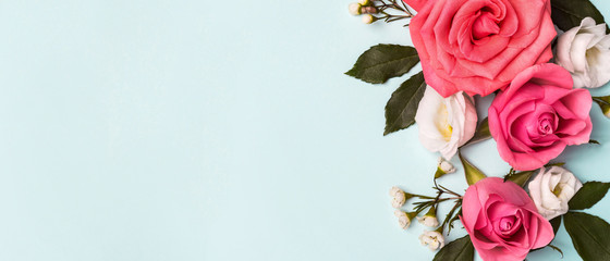 Pink roses on blue background. Beautiful flower arrangement for your design, banner format