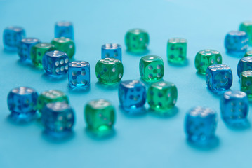 Blue and green dice set, closeup