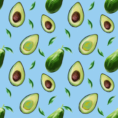 Seamless pattern of avocado on light blue background. Avocado, hand-draw illustration in gouache. Food hand drawn illustration.Design for packaging, fabrics, textiles, wallpaper, website, postcards