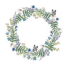 Flower wreath. Grass and meadow flowers. Watercolor round frame.
Ideal for creating cards and wedding invitations