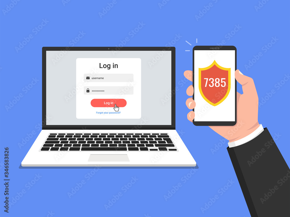 Poster two steps authentication concept. verification by smartphone. vector illustration.