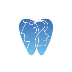 Beautiful Dental Practice Logo. Abstract tooth symbol. Linear drawing of female and male faces in profile inside of a tooth silhouette. Logo for family dental clinic, dental care. Vector illustration.