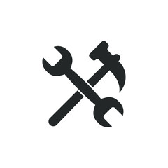 Simple icon of a hammer and spanner isolated on white background