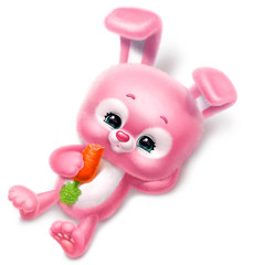 pink fluffy rabbit lies eating a carrot isolated on a white background
