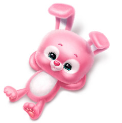 pink fluffy rabbit lies isolated on a white background