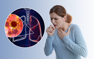 Woman coughing on light background. Human lungs affected with disease
