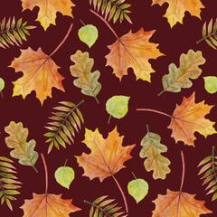 Obraz premium Seamless autumn background. Spring and summer tree leaves. Floral design in watercolor style: orange, yellow, brown red green rowan, birch, oak leaves and maple. Wallpaper, background beautiful