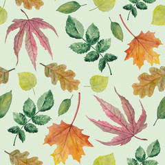 Seamless autumn background. Spring and summer tree leaves. Floral design in watercolor style: orange, yellow, brown red green rowan, birch, oak leaves and maple. Wallpaper, background beautiful