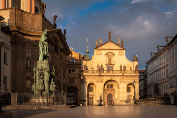 Fototapeta na wymiar Krizovnicke square at the evening light with Charles IV statue, Prague, Czech Republic
