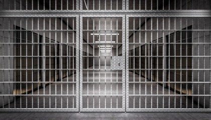 detail in a corridor of a prison with bars and front door. - obrazy, fototapety, plakaty