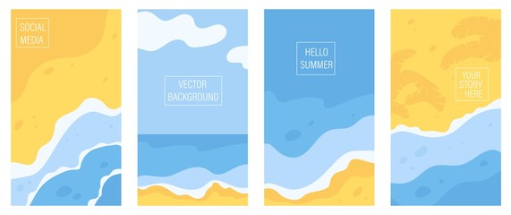Vertical banners and background for social media stories with copy space for text. Summer sunny landscape with beach, sea, ocean and seaside waves. Summer vacation or tourist agency background.