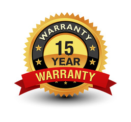 Golden color powerful 15-year warranty badge, seal, sign, label with red ribbon isolated on white background.