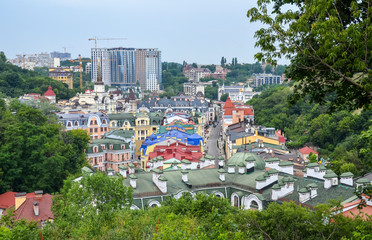 Fototapeta premium View of new apartment houses on Vozdvizhenka Street in new residential district in ancient historical area in Kyiv