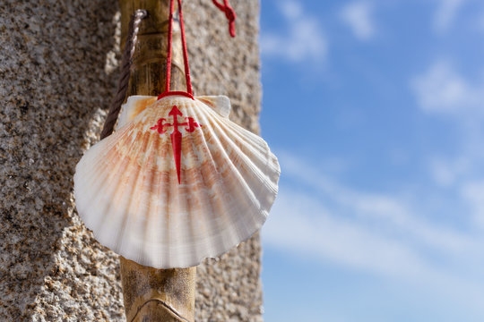 Walking stick and seashell of the Camino de Santiago leaning on granite stone wall. Santiago de Compostela pilgrimage concept