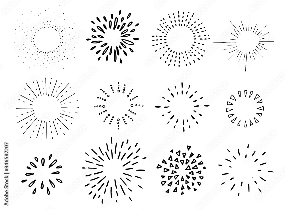 Sticker Sunburst set. Vector hand drawn starburst collection