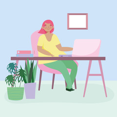 working remotely, young woman work with laptop in desk room with plants