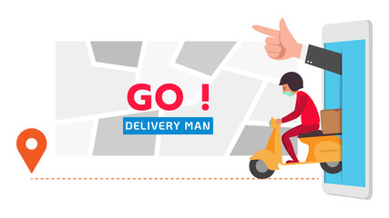 Delivery Transportation business By ordering via mobile phone, smart phone Cartoon character Vector illustration. 